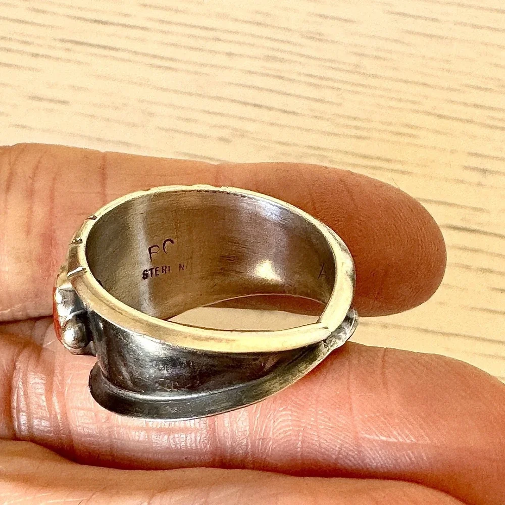 Navajo Mens Wedding Band Red Coral Ring Sz‎ 13.5 Native Amer 15mm Dark Sterling
